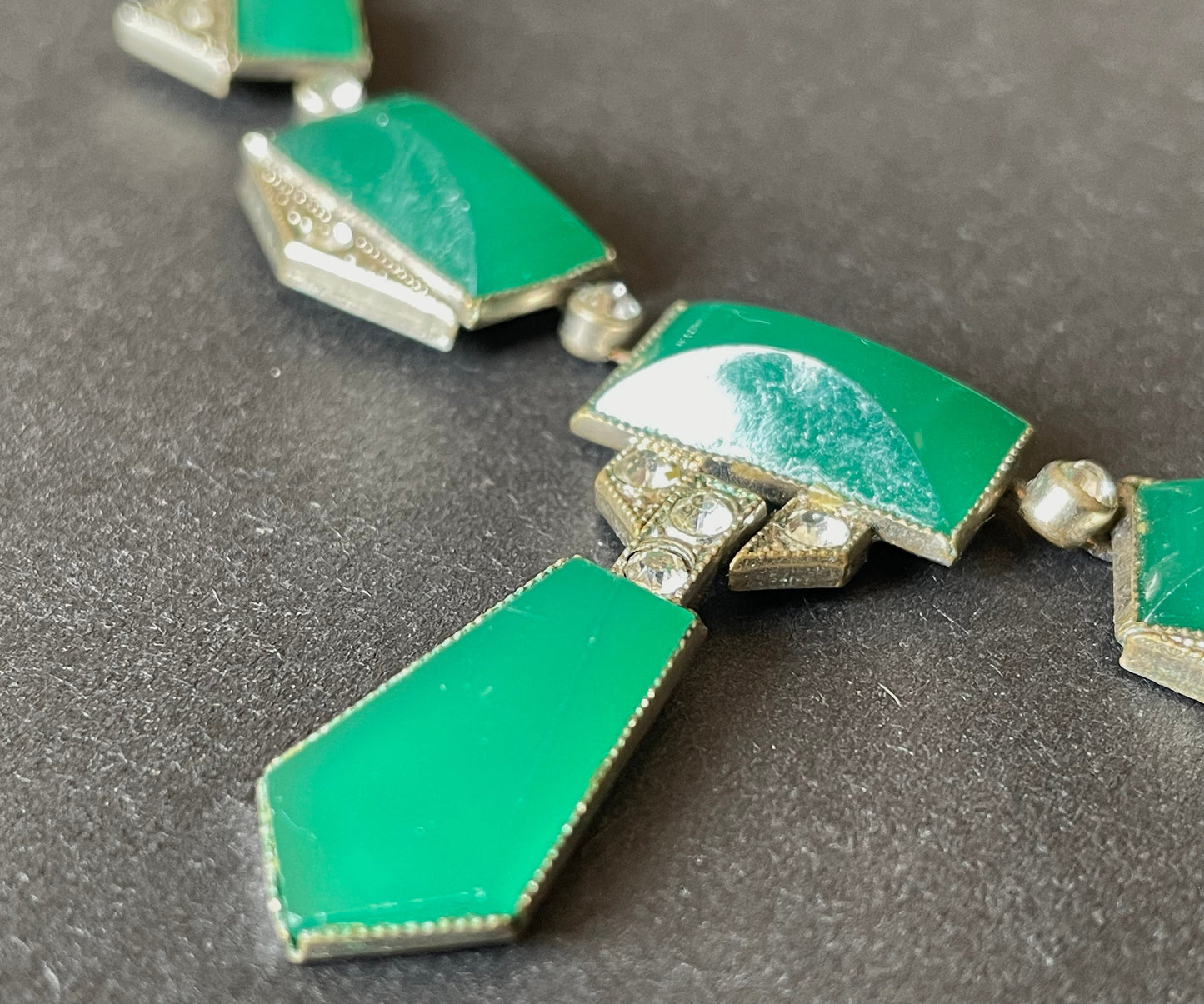 Vintage Art Deco Czech deep green moulded glass and silver tone necklace with collet set clear rhinestones in riviere style