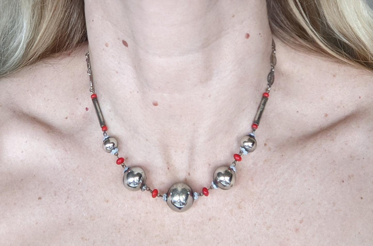 Vintage Art Deco silvered hollow blown glass beads and chrome machine age necklace with red glass accent beads