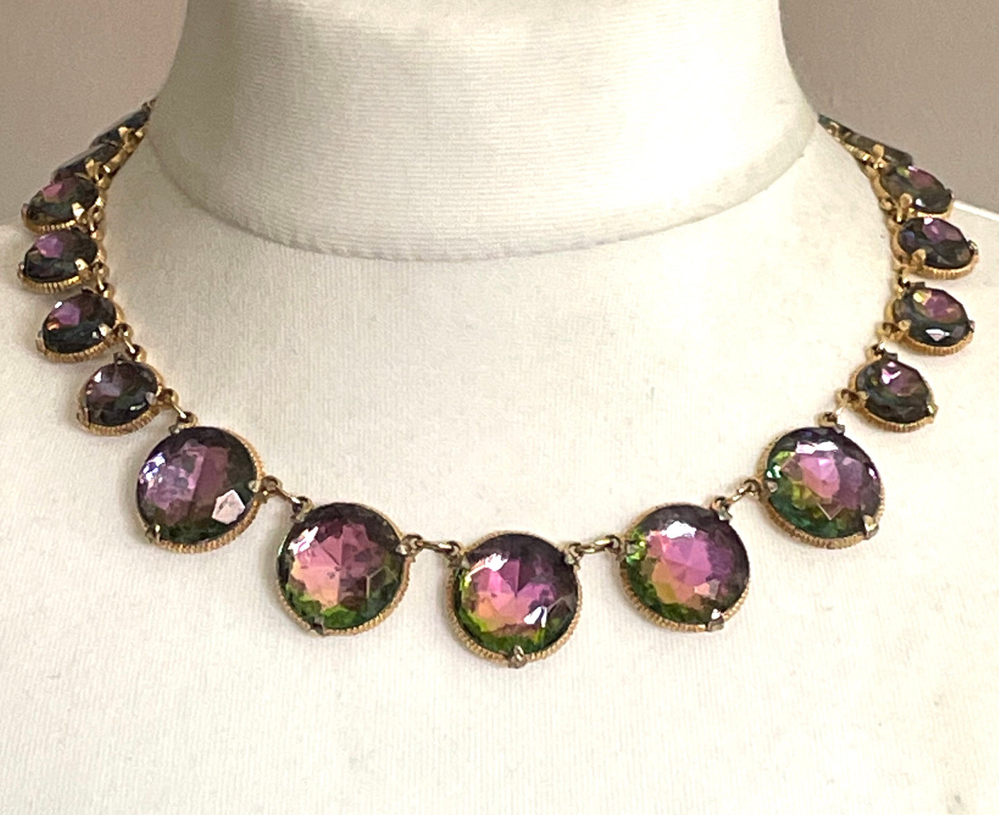 Vintage watermelon glass vitrail riviere necklace, heavy, graduated rhinestones set in gold tone, Schiaparelli style