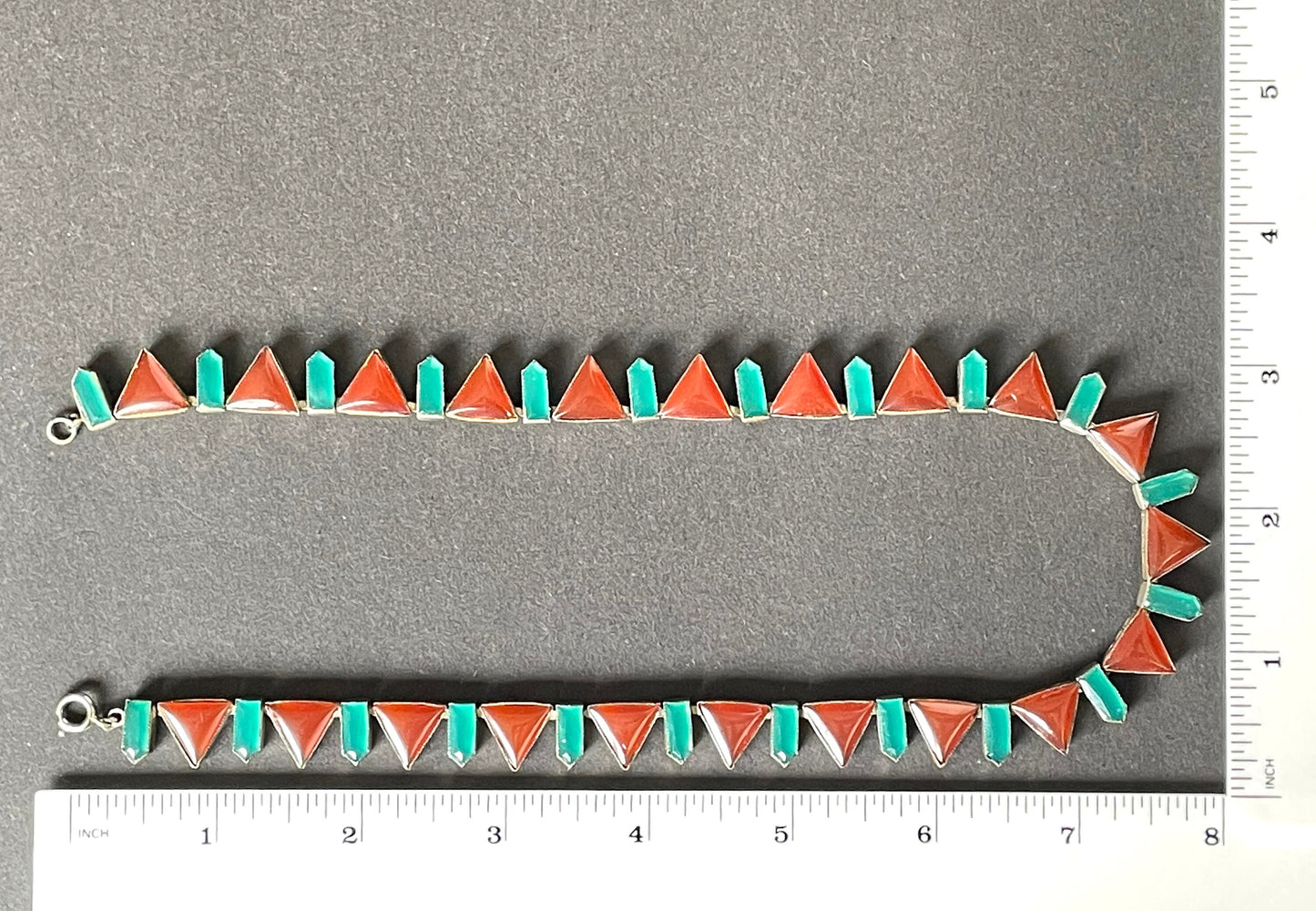 Vintage / antique green and orange paste collet set glass riviere necklace beautiful geometric triangle and pentagon shaped stones