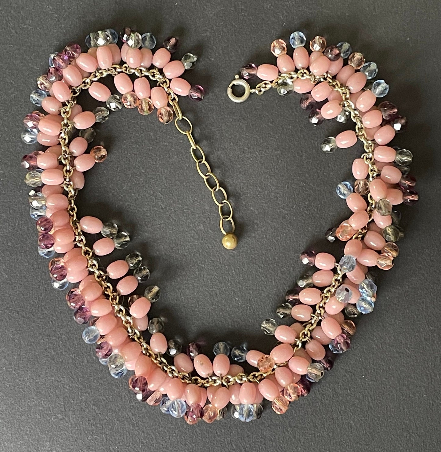 Heavy vintage baby pink, dark pink, grey and blue glass bead and Austrian faceted crystal bead fringe necklace with gold tone chain