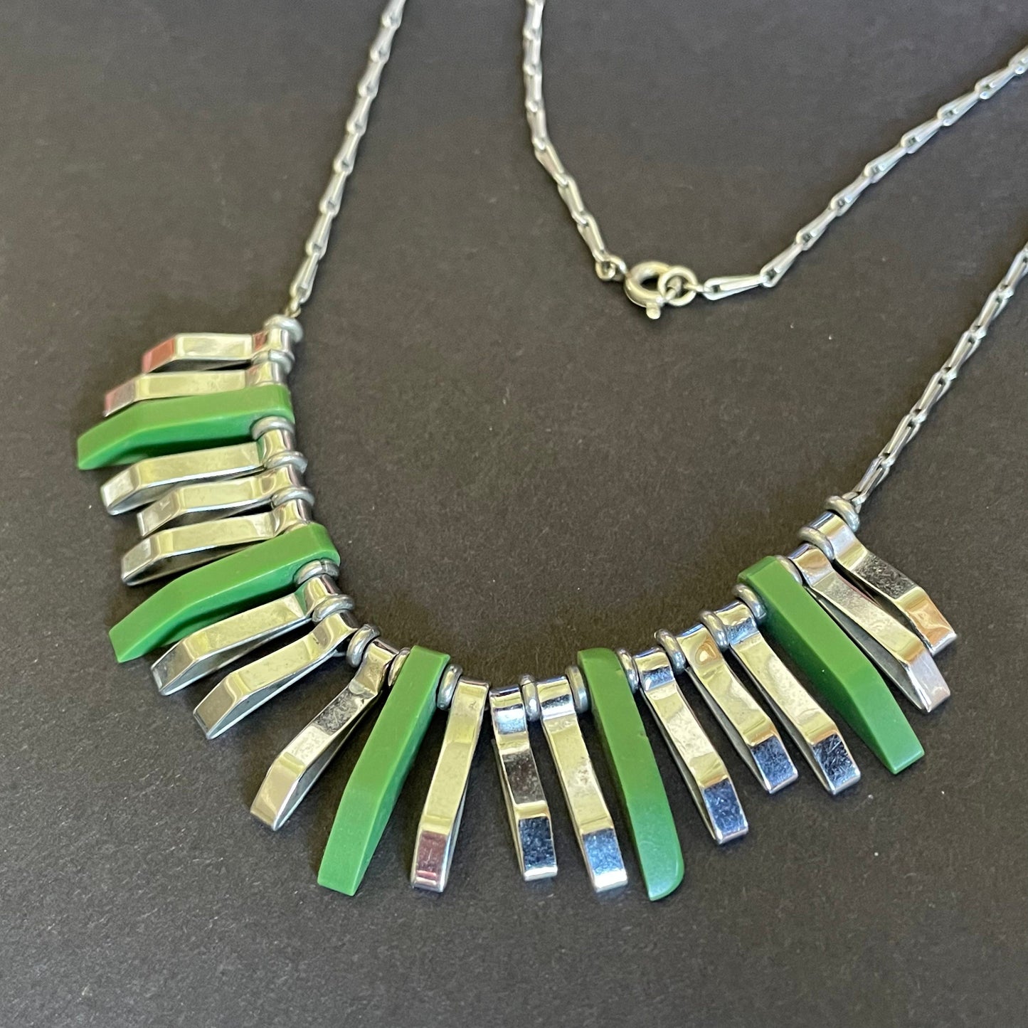 Vintage Jakob Bengel Art Deco machine age necklace, beautiful bright green galalith 3D geometric shapes with shiny silver tone chrome