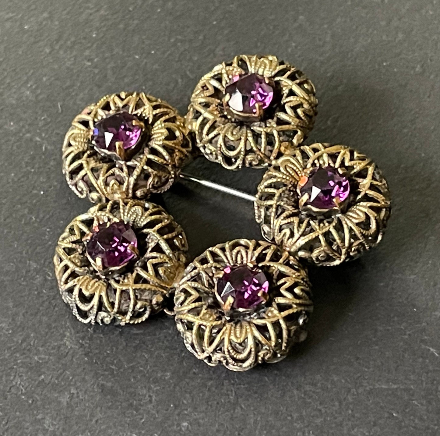 Large vintage amethyst purple paste 1930s Czech Art Deco rhinestone floral brooch with gold tone filigree