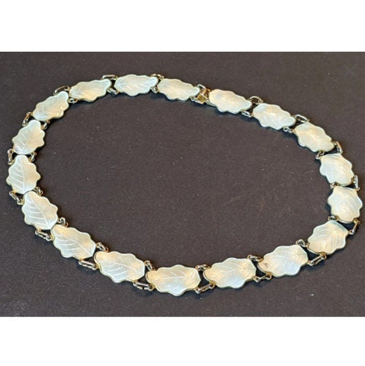 Vintage signed Norwegian John Baalerud sterling silver gilt and white guilloche enamel oak leaf design choker necklace, 1960s, in box