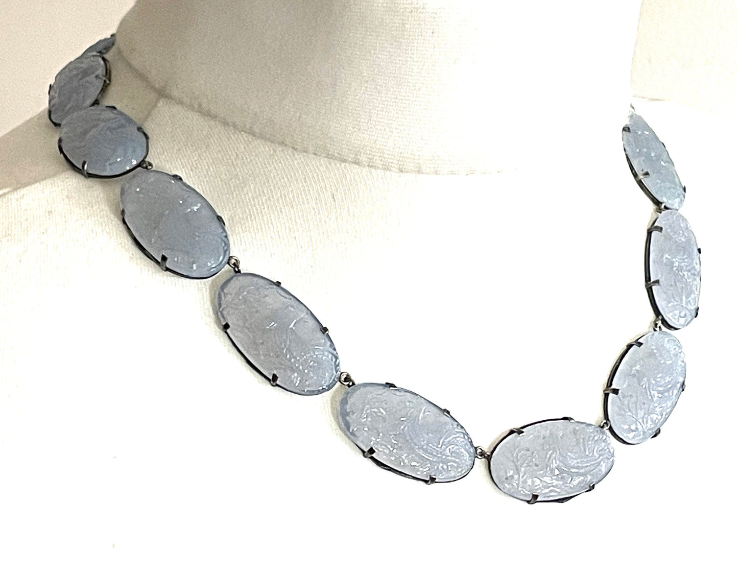 Vintage sterling silver and light blue moulded glass large oval stone riviere necklace bezel set, open backed, cockerel motif