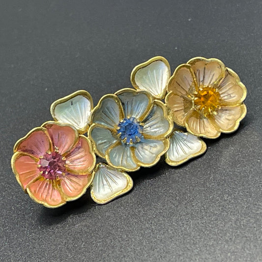 Vintage Neiger Brothers (Max and Norbert) colourful enamel and rhinestone flower brooch - set in antique gold tone