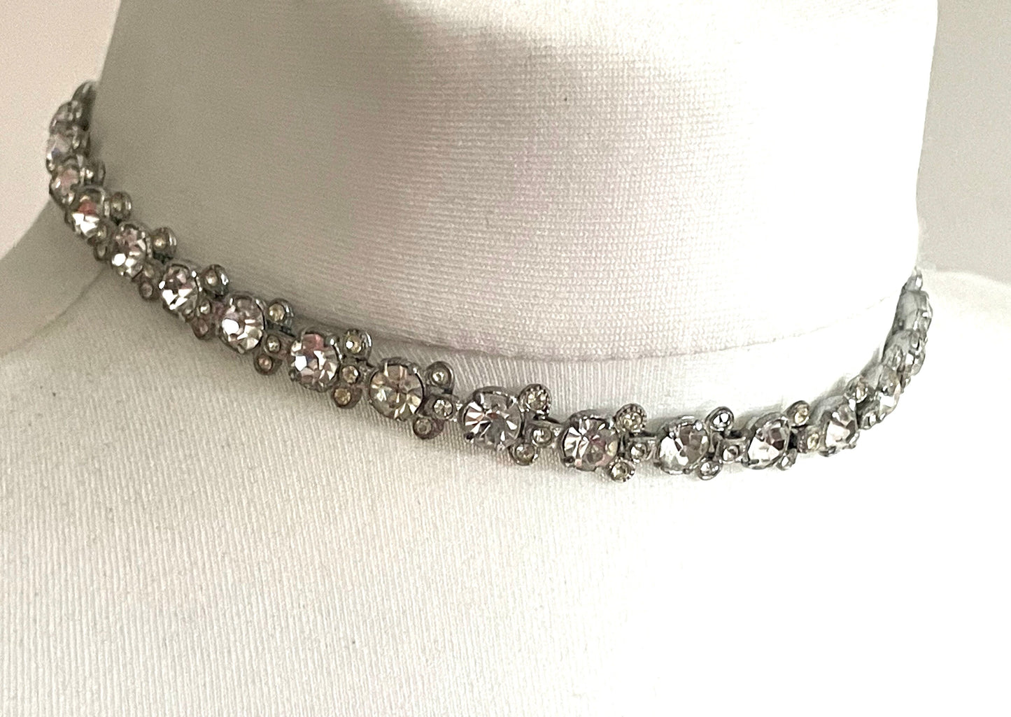 Vintage Art Deco ice clear paste and chrome silver tone machine age riviere choker necklace and cocktail bracelet demi-parure set