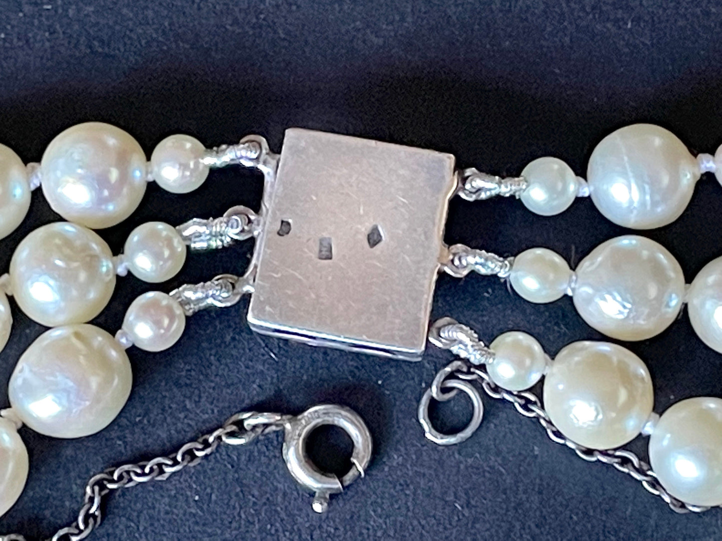 Antique / vintage real cultured pearl triple strand necklace, hand-knotted, in box, pretty silver with emerald green & clear paste box clasp