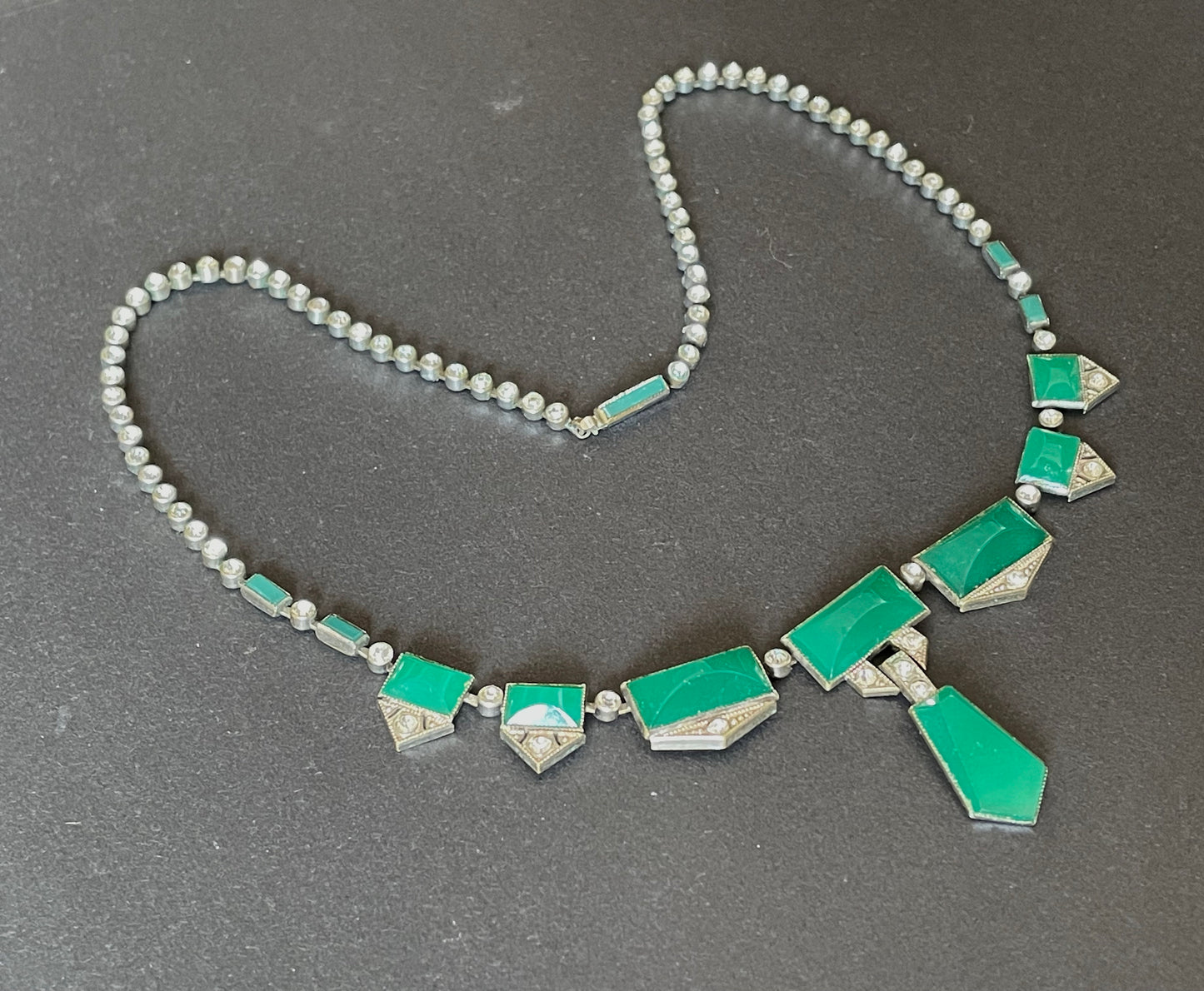 Vintage Art Deco Czech deep green moulded glass and silver tone necklace with collet set clear rhinestones in riviere style