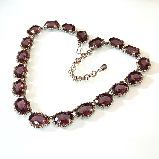 Vintage Sphinx amethyst purple glass riviere necklace, heavy, bezel set, open-backed stones in ornate gold tone setting