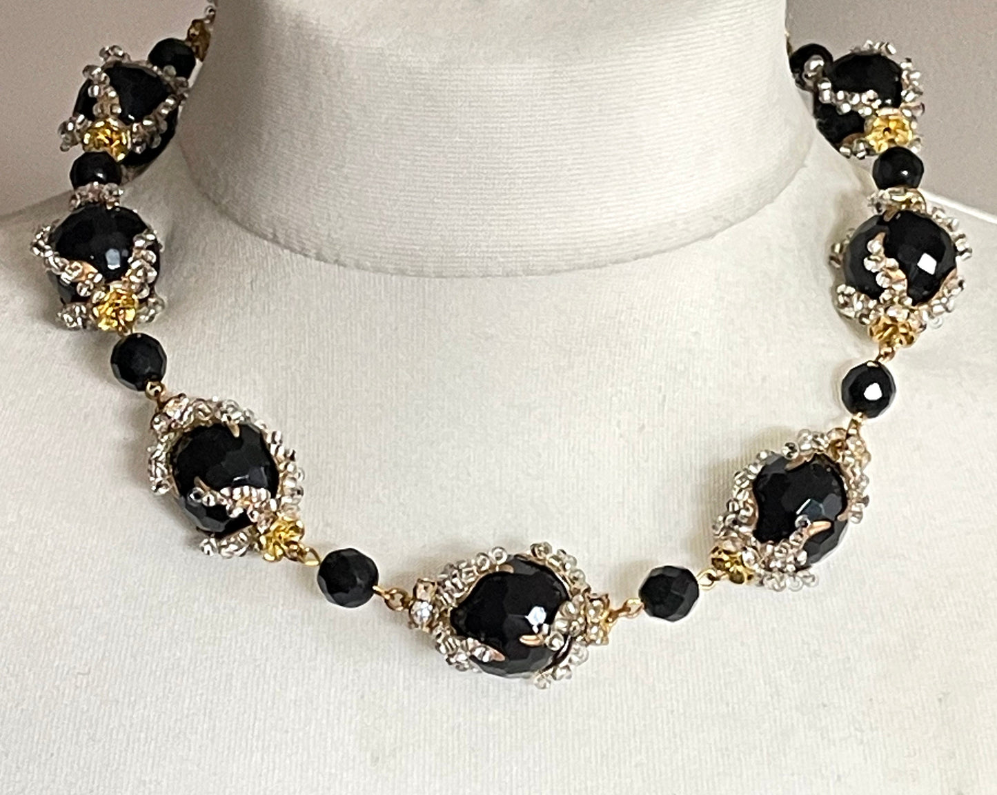 Vintage unsigned Stanley Hagler or Miriam Haskell heavy black French jet and micro bead chunky necklace, intricately beaded bead caps