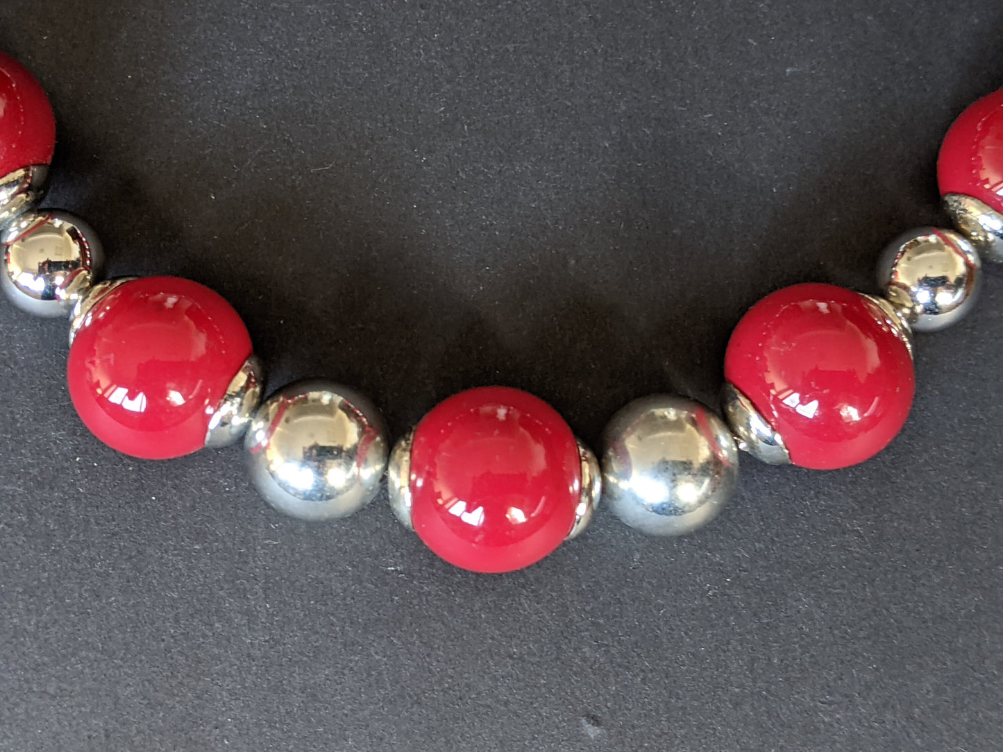 VIntage Art Deco Jakob Bengel machine age chrome and large bright lipstick red galalith bead chunky statement necklace - unused shop stock