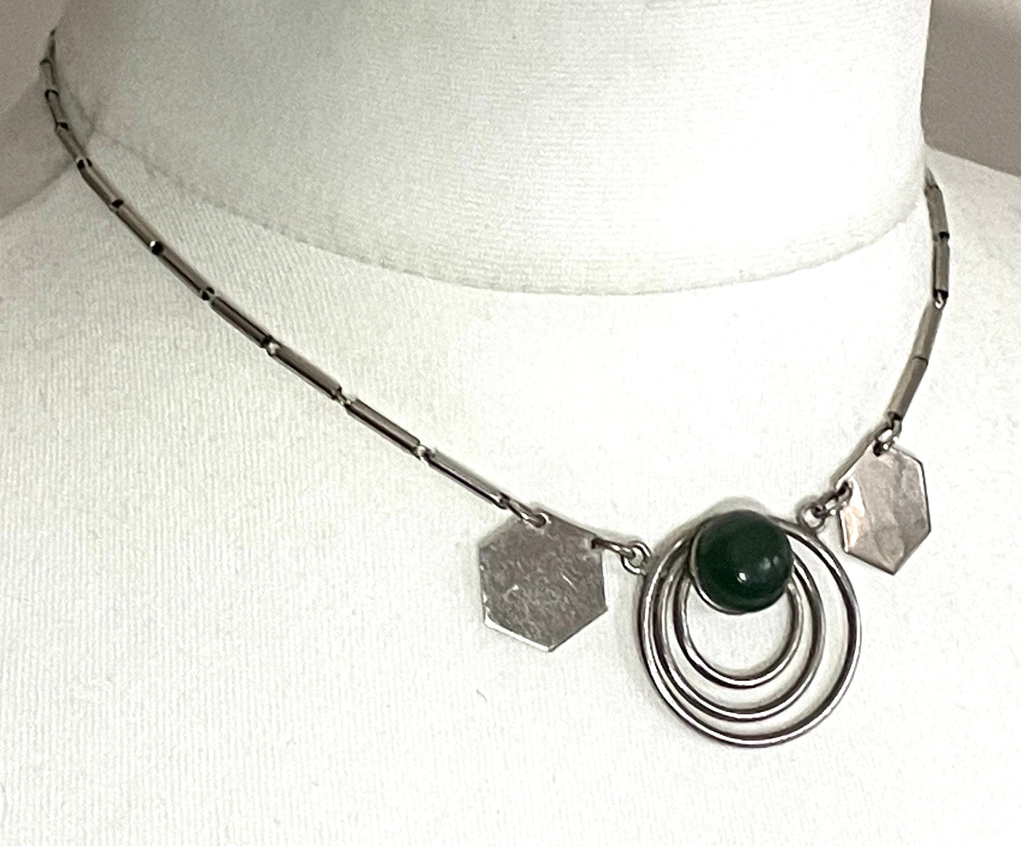 Vintage Jakob Bengel Art Deco machine age chrome and olive green galalith cabochon geometric necklace