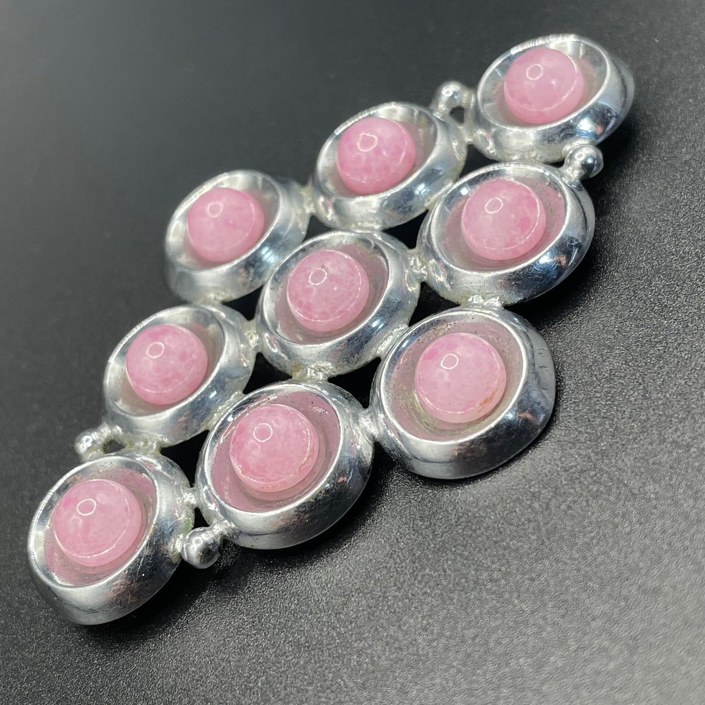 Huge vintage Art Deco brooch, chrome and pink 'Peking' style glass cabochons, streamlined space age design, so unusual