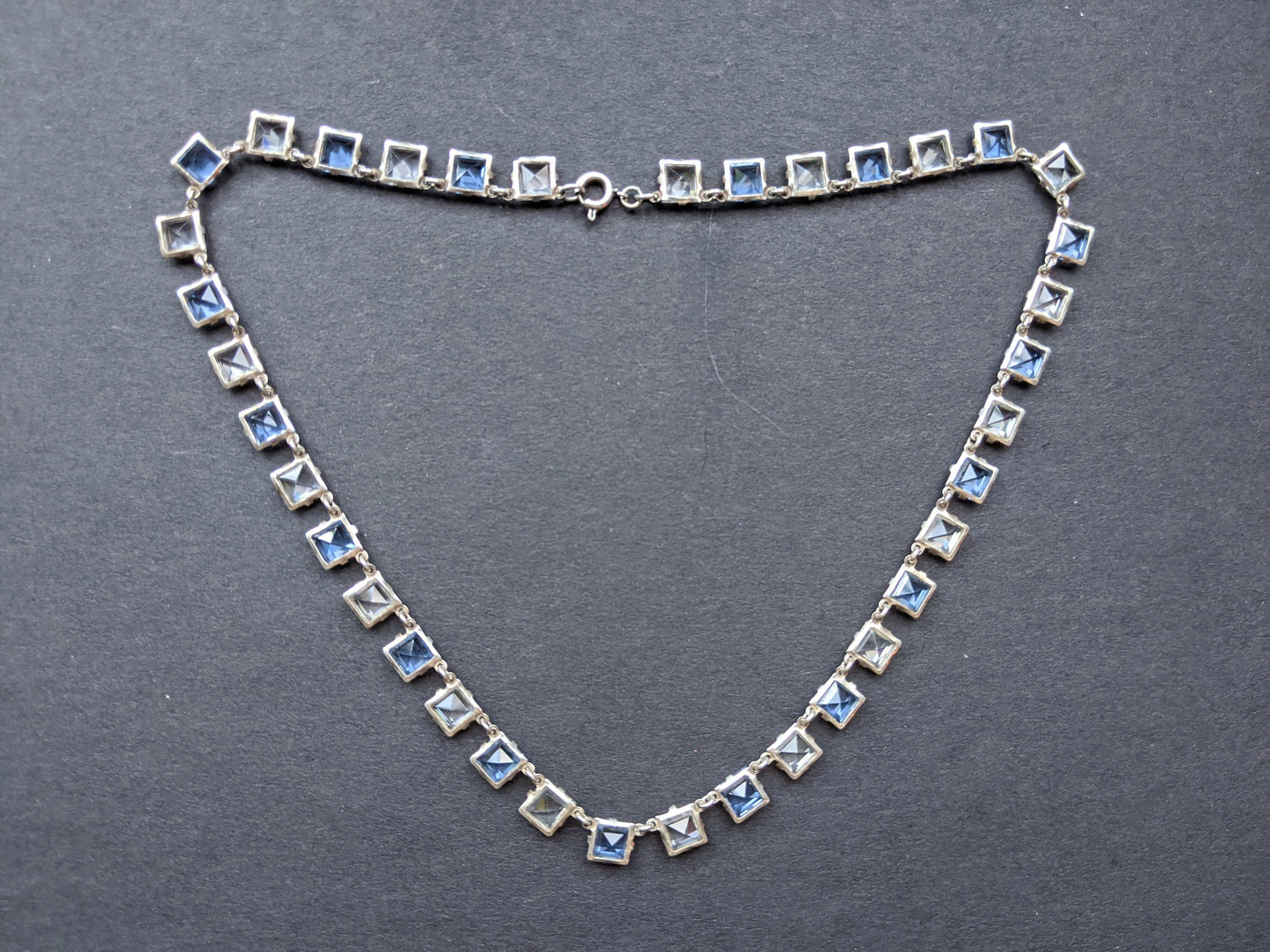 Vintage Art Deco sapphire blue crystal & clear paste riviere necklace bezel set, open backed, square / princess cut crystals, free earrings!