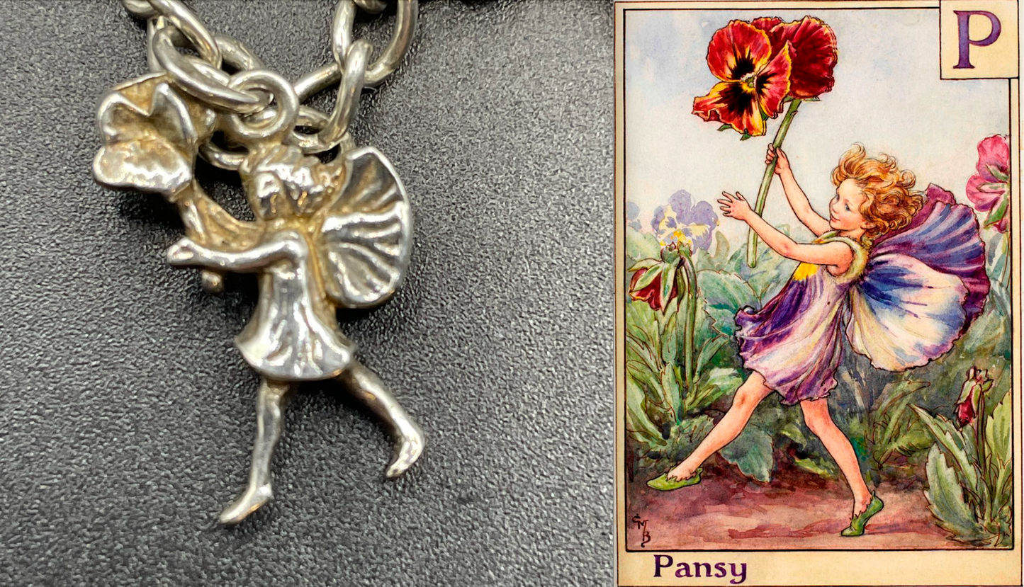 Vintage Cicely Mary Barker Flower Fairies 925 sterling silver fairy charm bracelet hallmarked by ASJ jewellers, 25 grams