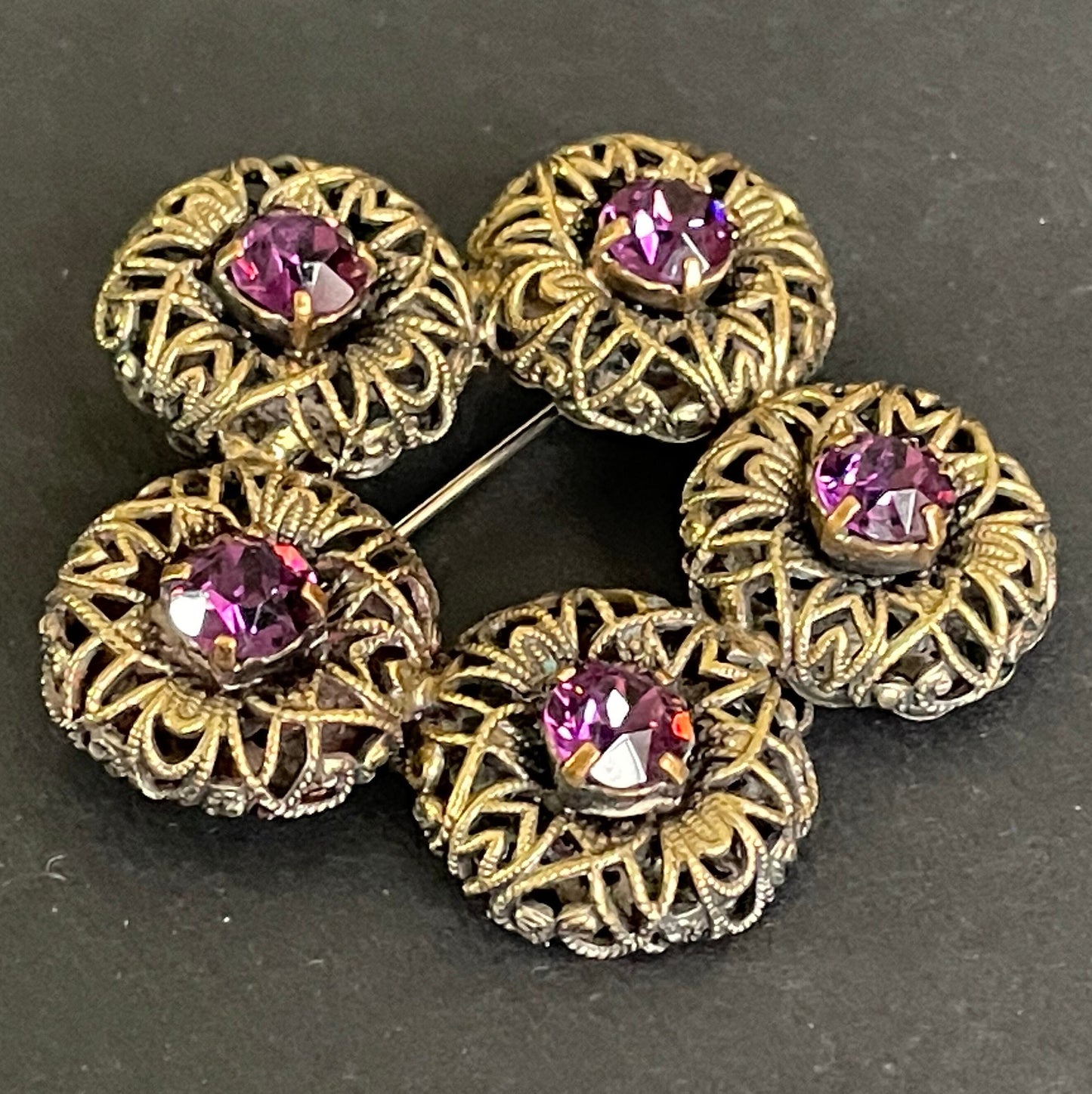 Large vintage amethyst purple paste 1930s Czech Art Deco rhinestone floral brooch with gold tone filigree