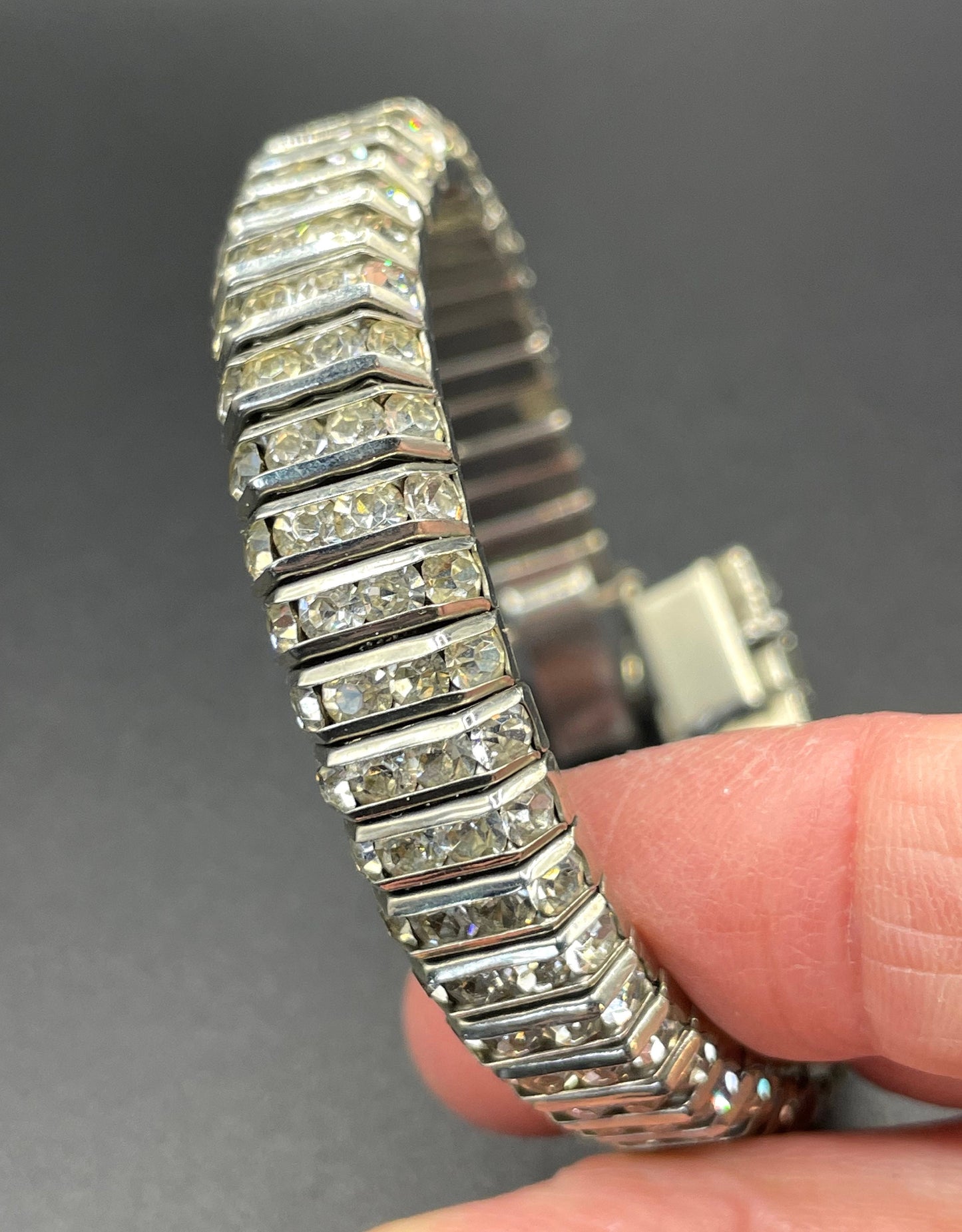 Vintage DRGM Schreiber & Hiller (unsigned) Art Deco channel set paste clear rhinestone geometric machine age bracelet