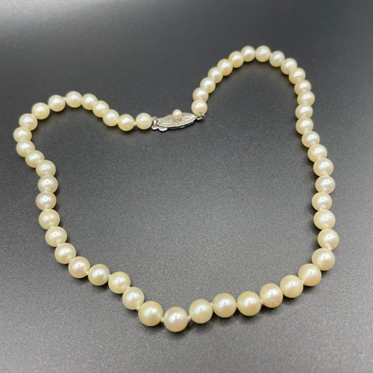 Antique real cultured pearl choker necklace, large equal sized pearls, hand-knotted, pretty sterling silver clasp, classic chic