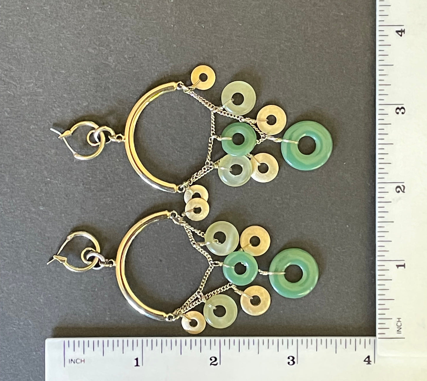 Beautiful pre-owned designer gold plated and jade green gemstone ring dangle earrings for pierced ears