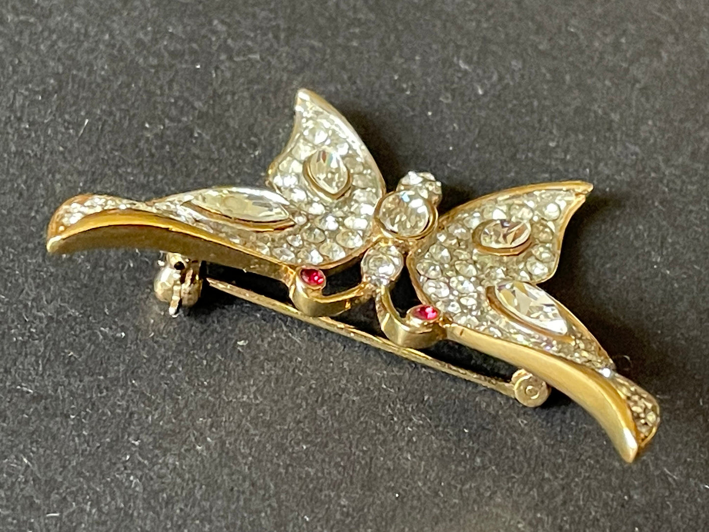 Vintage Attwood and Sawyer A&S signed ornate butterfly brooch, rhinestone encrusted and gold plated 1980s