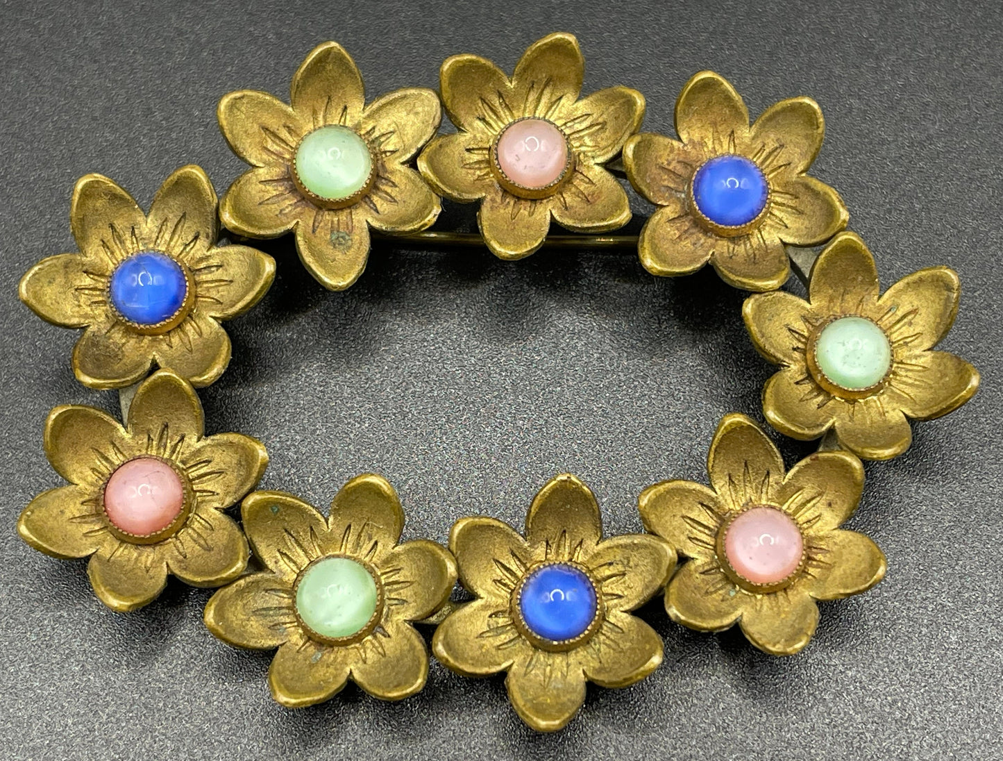 Vintage Neiger Brothers (Max and Norbert) large flower brooch - pastel coloured satin glass cabochons & gold tone, a ring of flowers