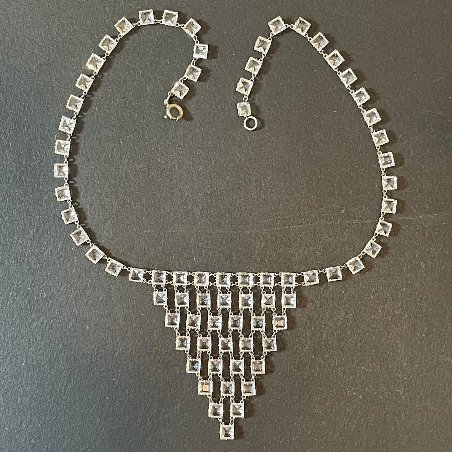 Vintage Art Deco crystal geometric riviere necklace, bezel set, open backed, princess cut (square) paste stones