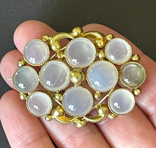 Antique Georgian gold tone yellow metal possibly pinchbeck and natural moonstone cabochon brooch pin, beautiful