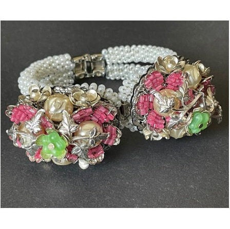 Vintage elaborate glass beaded floral clamper bangle with intricate micro beading and silver tone filigree, pink, green, white & faux pearl