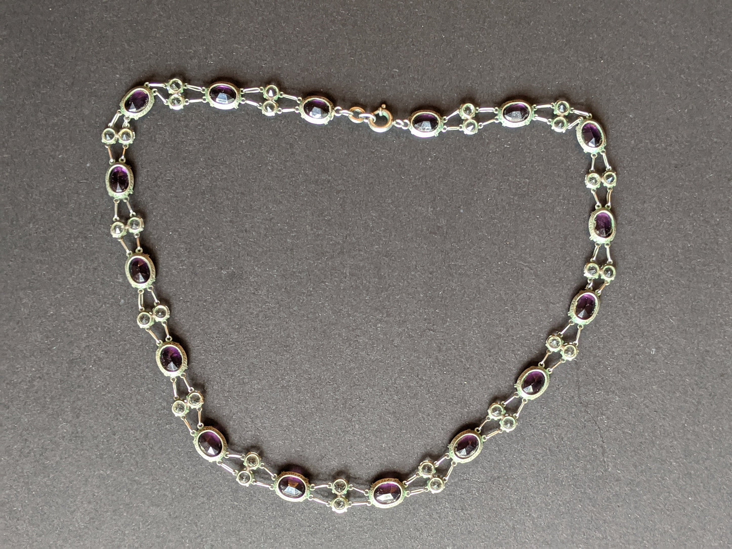 Vintage Art Deco amethyst purple & clear crystal intricate riviere necklace bezel set, open backed, maybe unmarked silver, free earrings