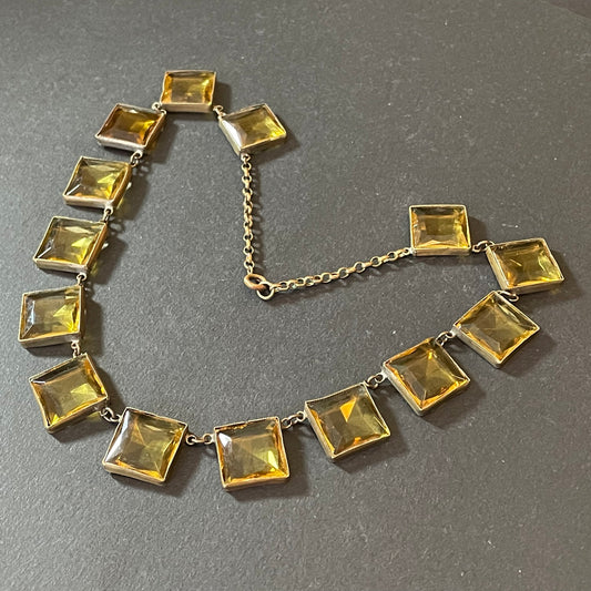 Antique late 19th century citrine yellow / orange crystal riviere necklace, huge bezel set open backed princess cut square rhinestones