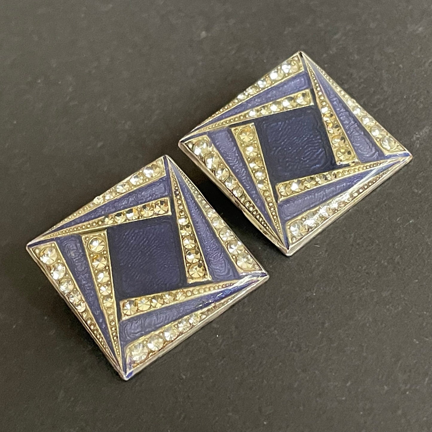 Huge vintage Pierre Bex Art Deco bright blue enamel and rhinestone clip on earrings, fabulous geometric design, large square shape