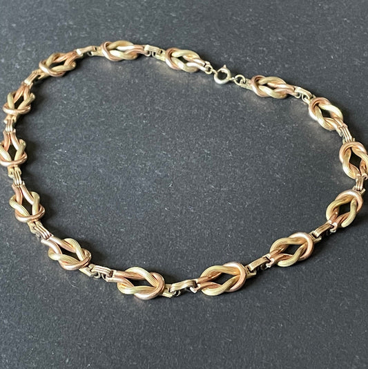 Vintage Art Deco reef knot necklace bi-colour 1/20 12K yellow / green and rose gold filled sterling silver, by GW in the 1930s