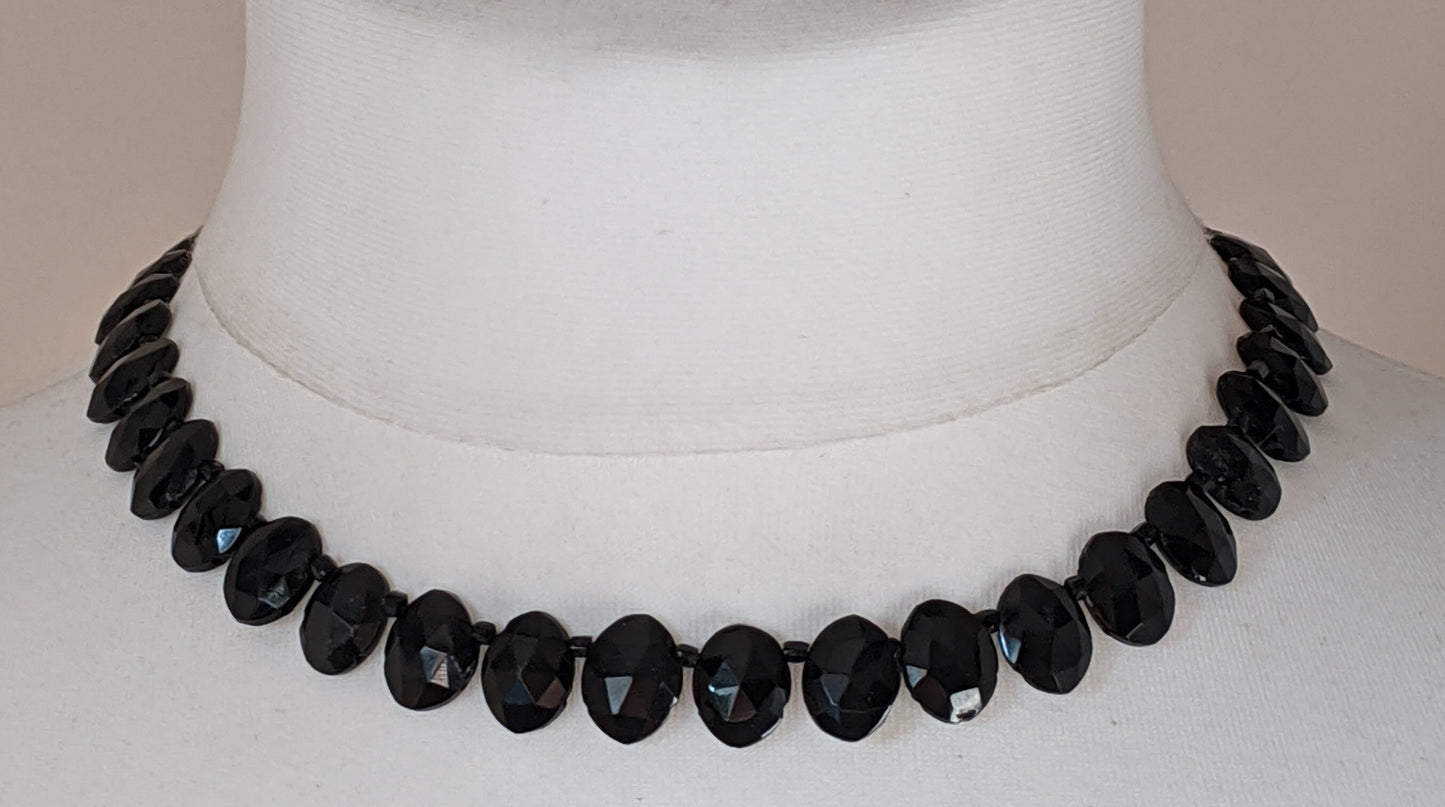 Antique French jet riviere necklace - Victorian Vauxhall glass, black faceted glass oval jet stones