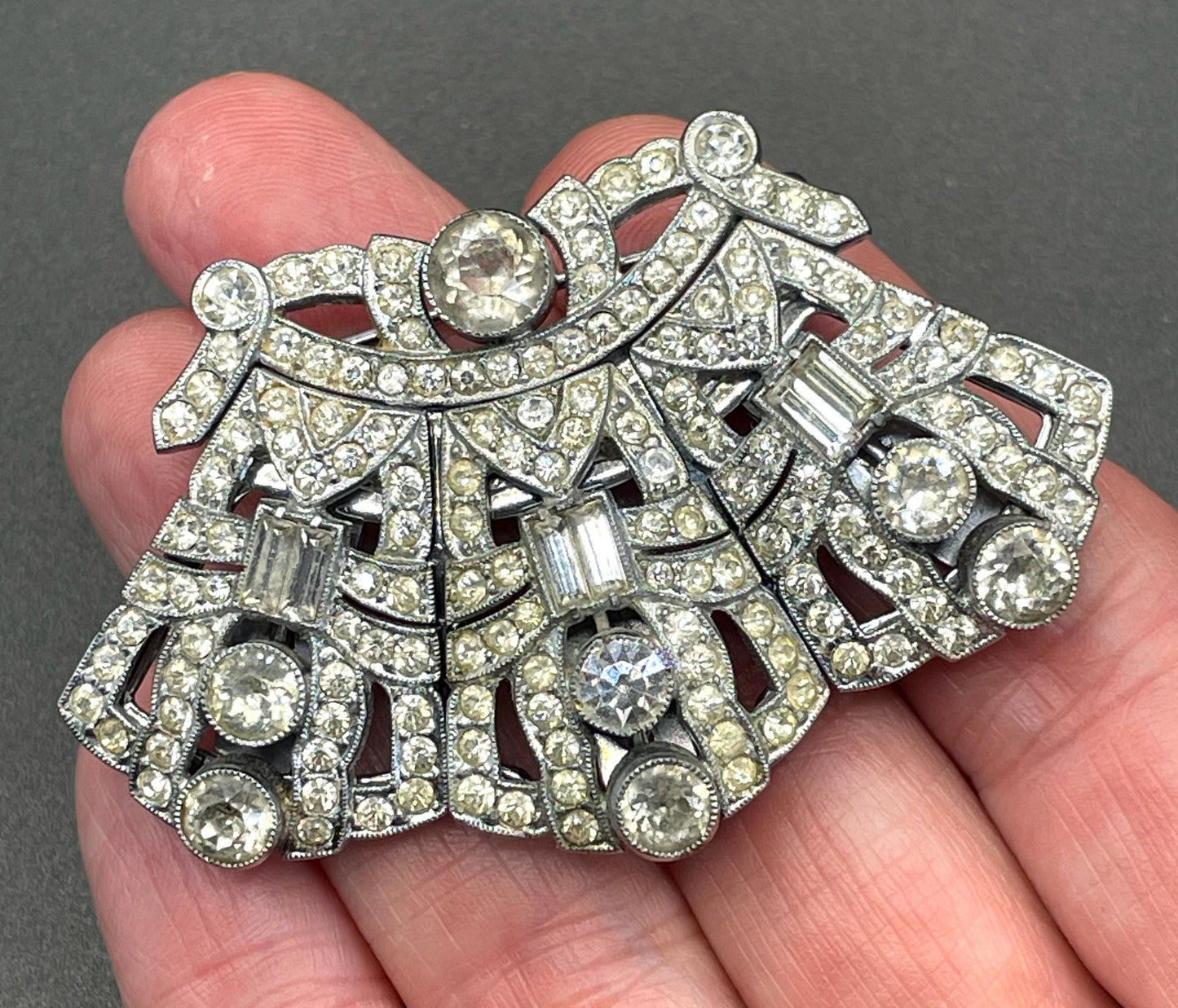 Unusual vintage Art Deco duette / triette - a clear rhinestone silver tone brooch which can be converted to three dress clips - metamorphic