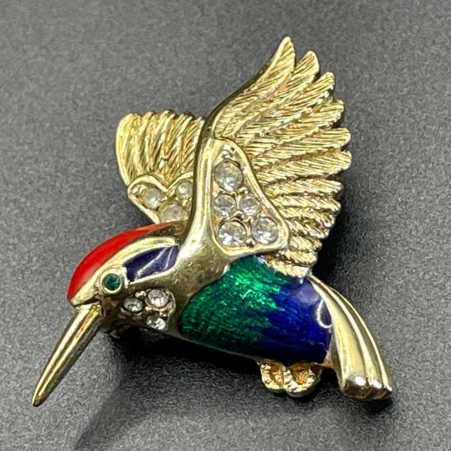 Vintage signed Attwood and Sawyer A&S 22ct gold plated, blue, red and green enamel and rhinestone petite bird kingfisher brooch