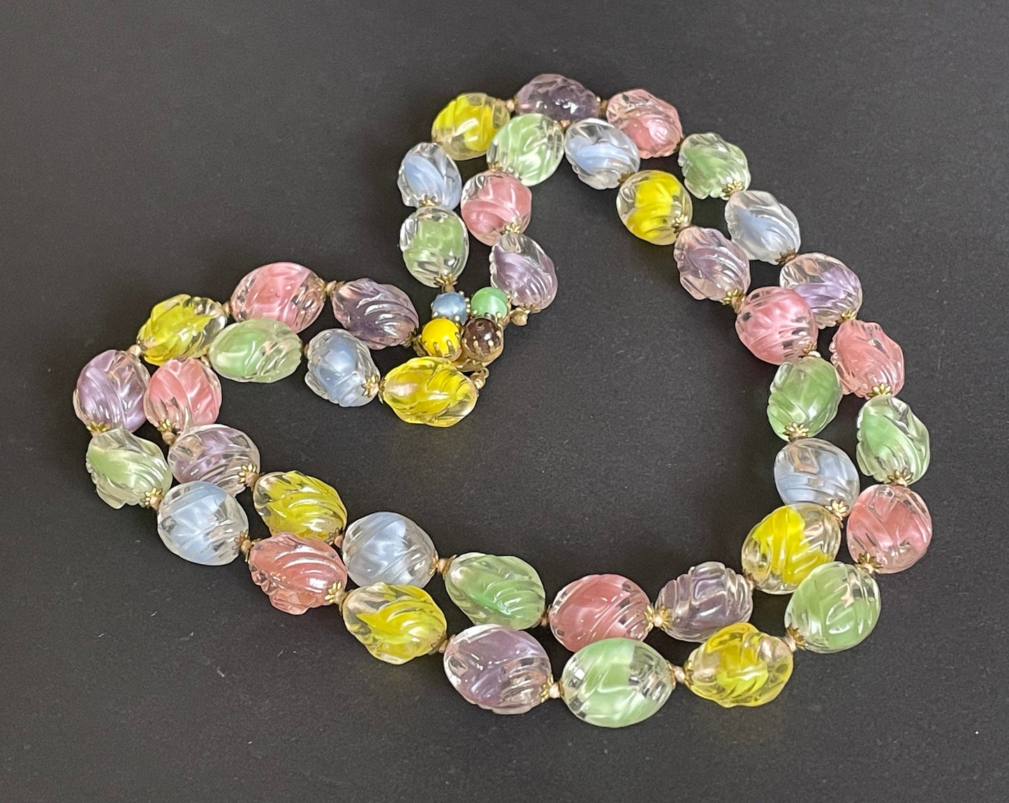 Vintage, heavy, pastel colour, yellow, pink, green, purple and blue givre moulded glass double stranded necklace, unusual glass beads