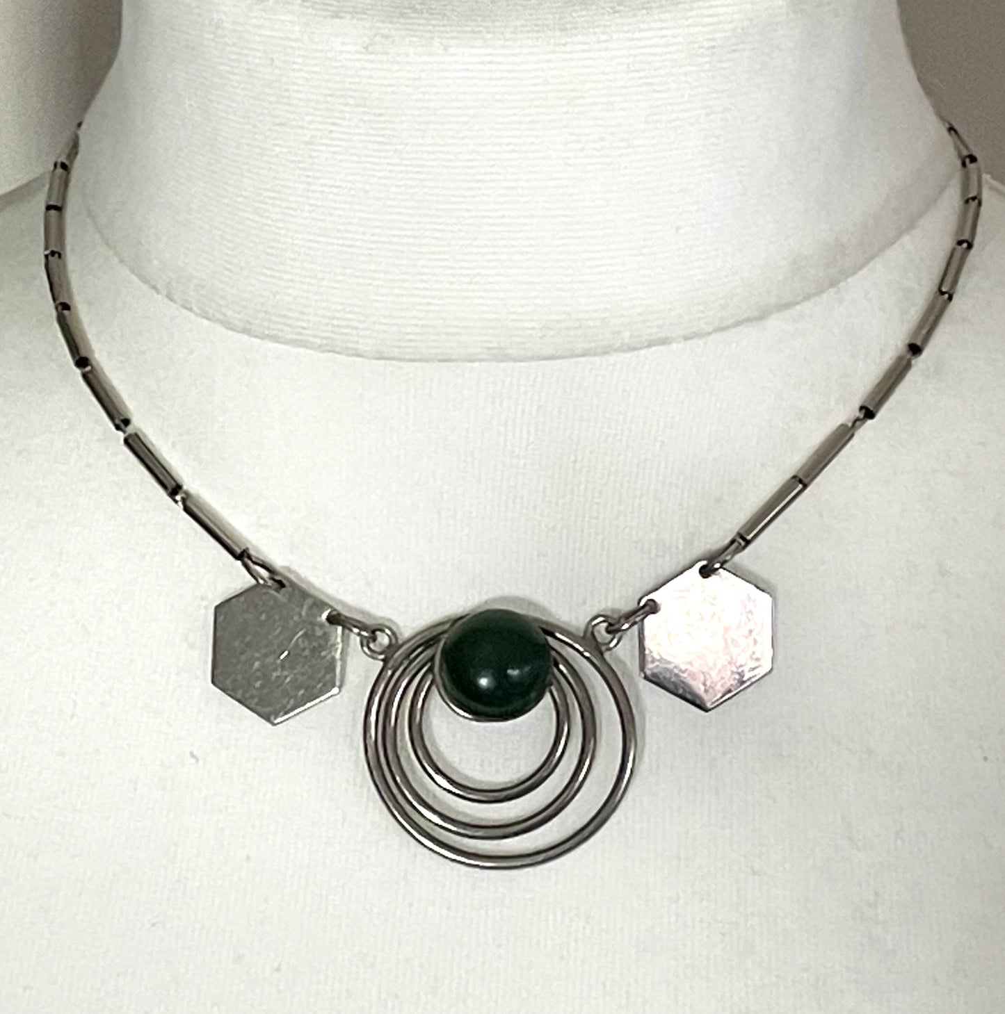 Vintage Jakob Bengel Art Deco machine age chrome and olive green galalith cabochon geometric necklace