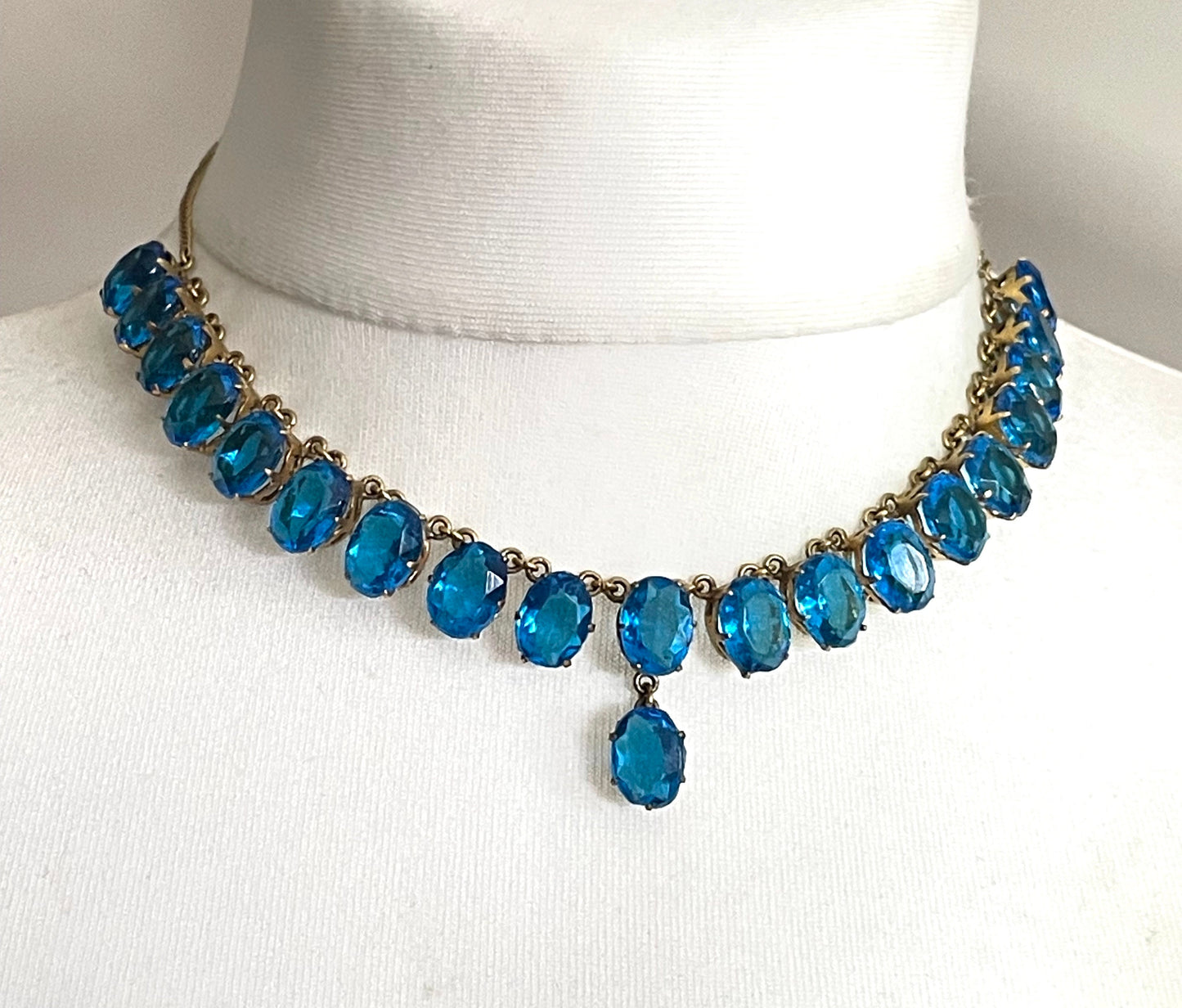 Antique Victorian bright sapphire blue paste riviere Y necklace, open backed large stones