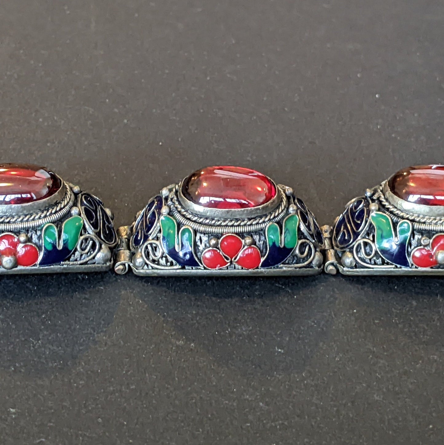 Vintage / antique huge ruby red cabochon, red, green & blue enamel filigree silver bracelet, Chinese export 'Peking style bracelet'