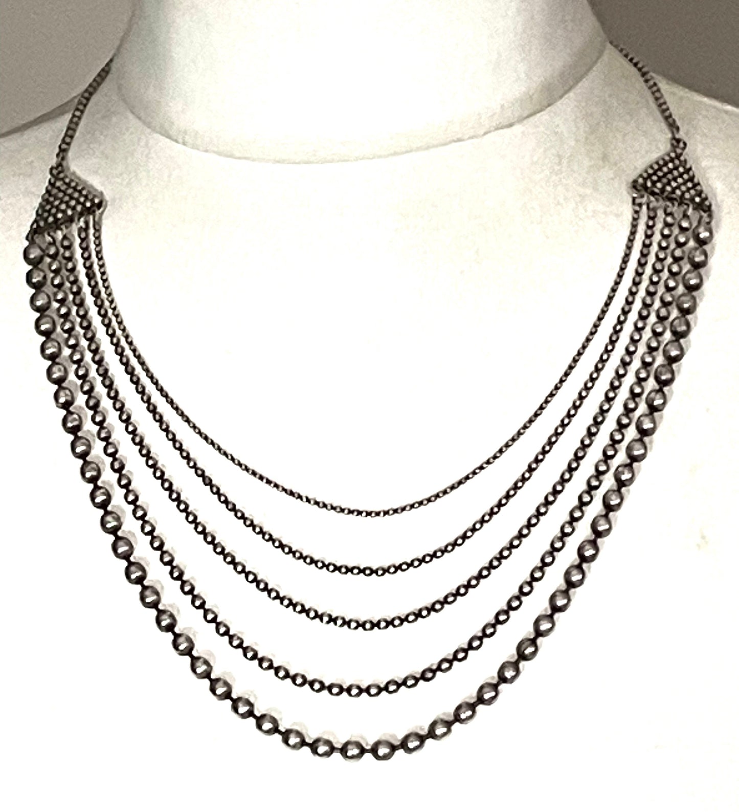 Beautiful vintage sterling silver, Art Deco style geometric and ball chain multi strand necklace, 44 grams