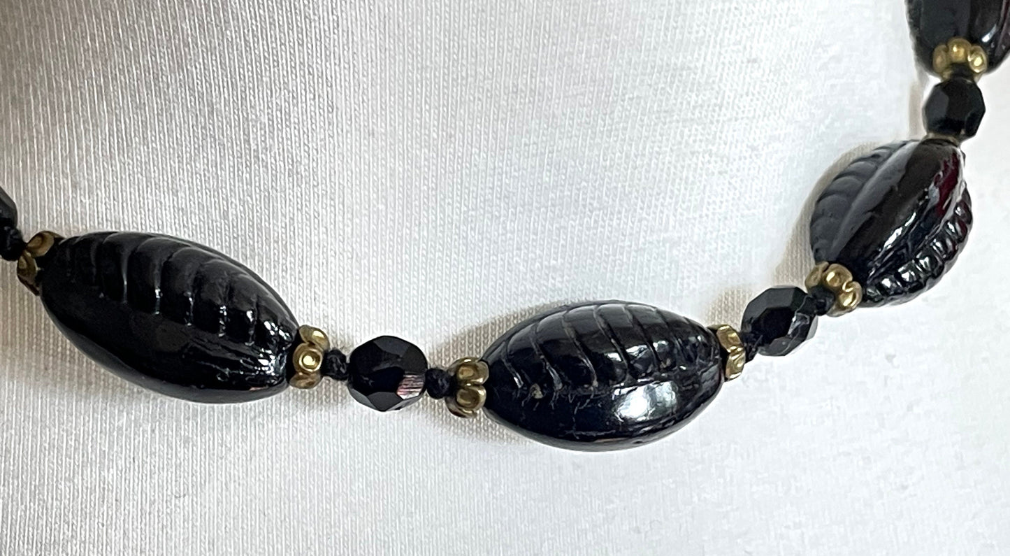 Vintage Art Deco French jet moulded glass beaded necklace, Neiger style pressed black glass czech beads