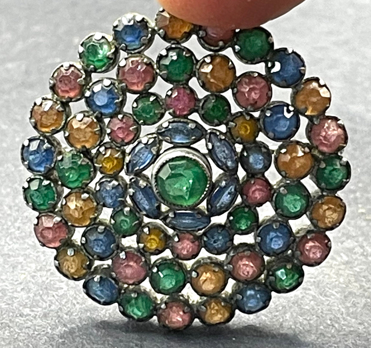 Vintage multi-coloured crystal floral cluster brooch - pink, yellow, blue and green colourful rhinestones set open-backed in silver tone