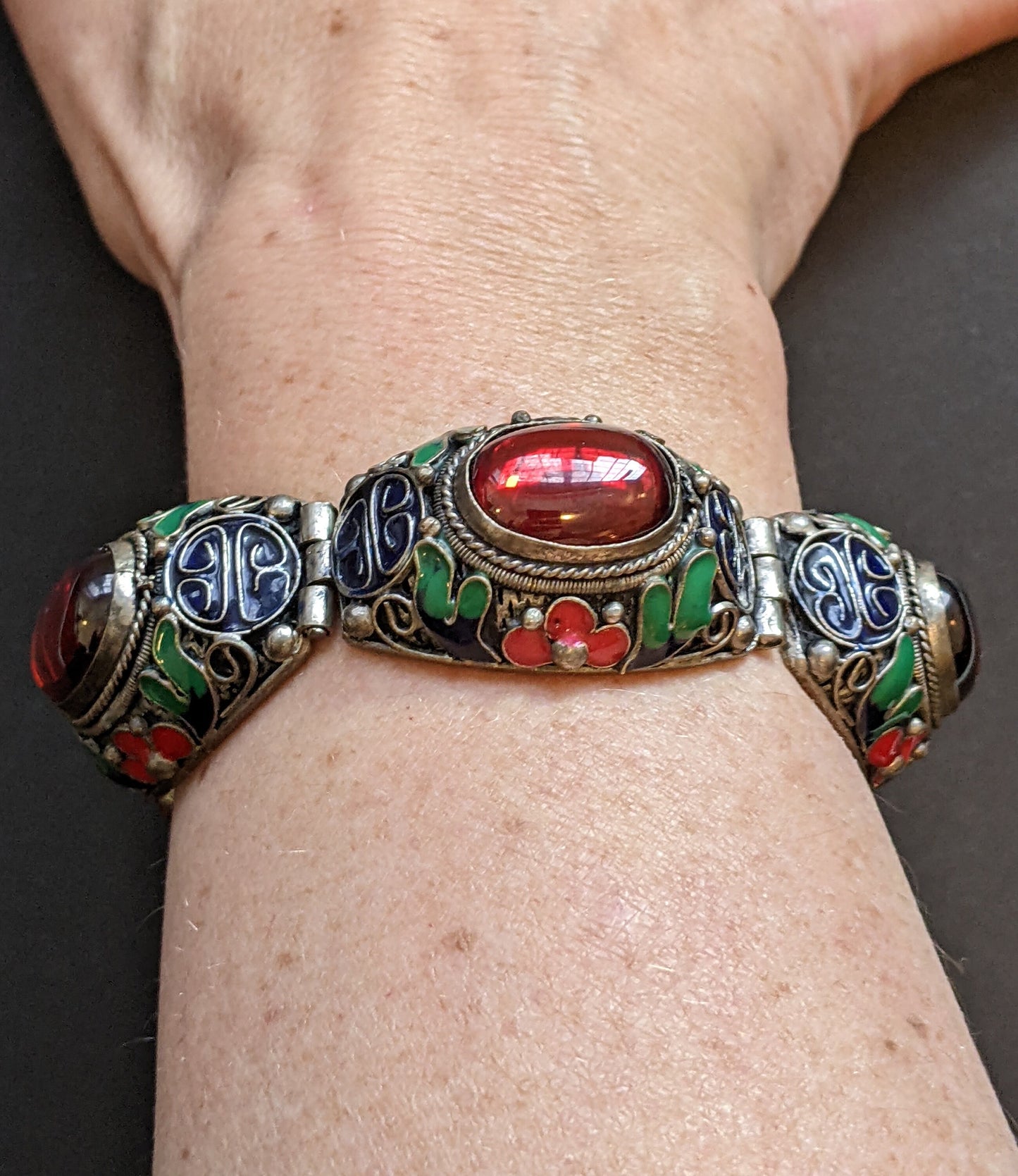 Vintage / antique huge ruby red cabochon, red, green & blue enamel filigree silver bracelet, Chinese export 'Peking style bracelet'