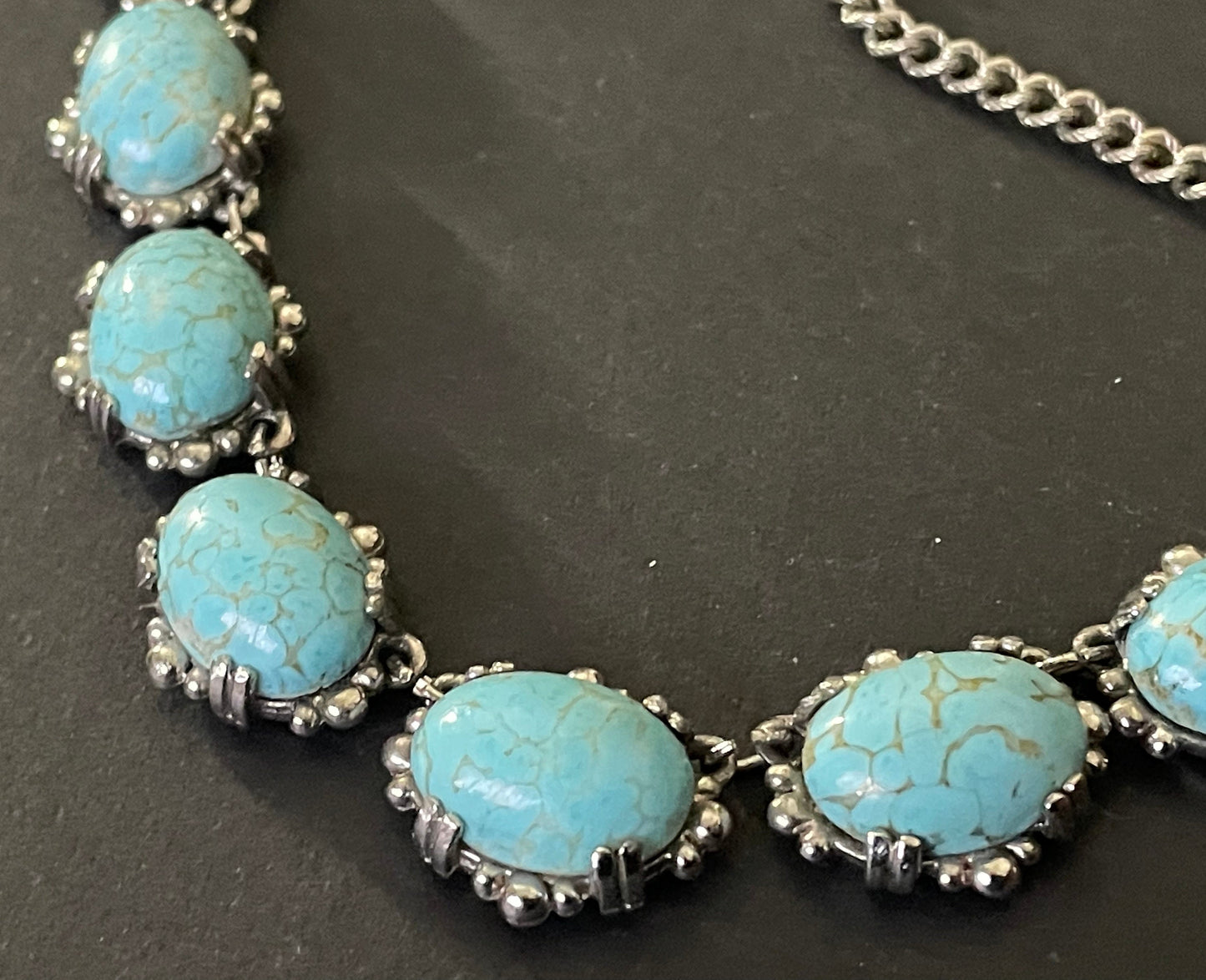 Vintage Sphinx turquoise glass riviere necklace, heavy, bezel set, open-backed stones in ornate silver tone setting