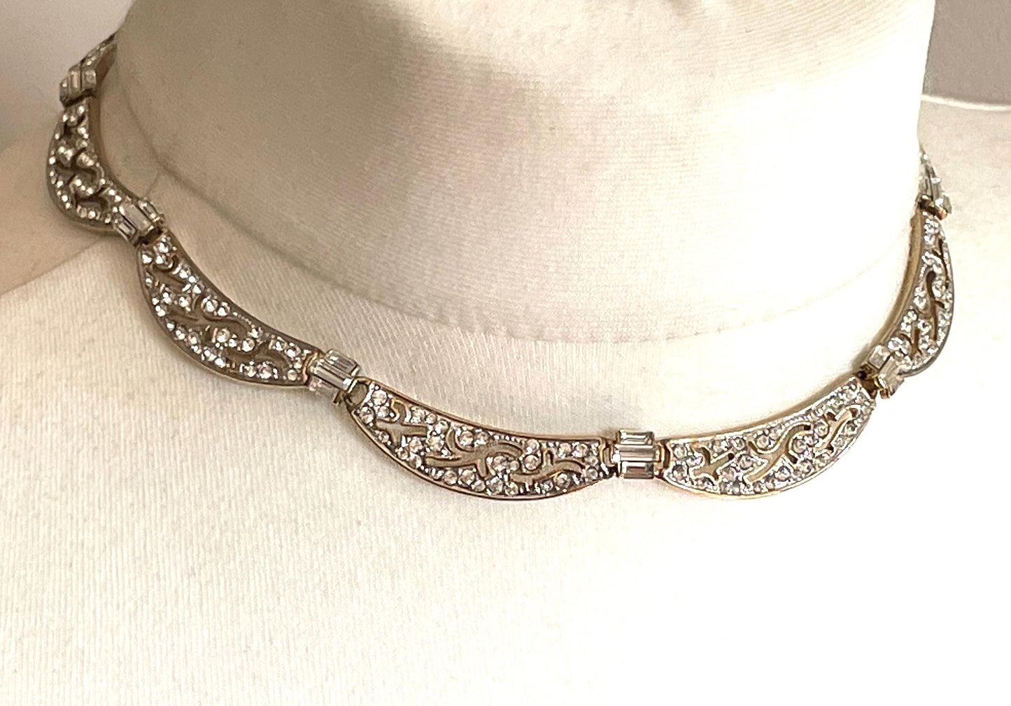 Vintage Attwood and Sawyer ( A&S ) signed antique style, ornate gold plated necklace, encrusted with clear rhinestones and cut-out design