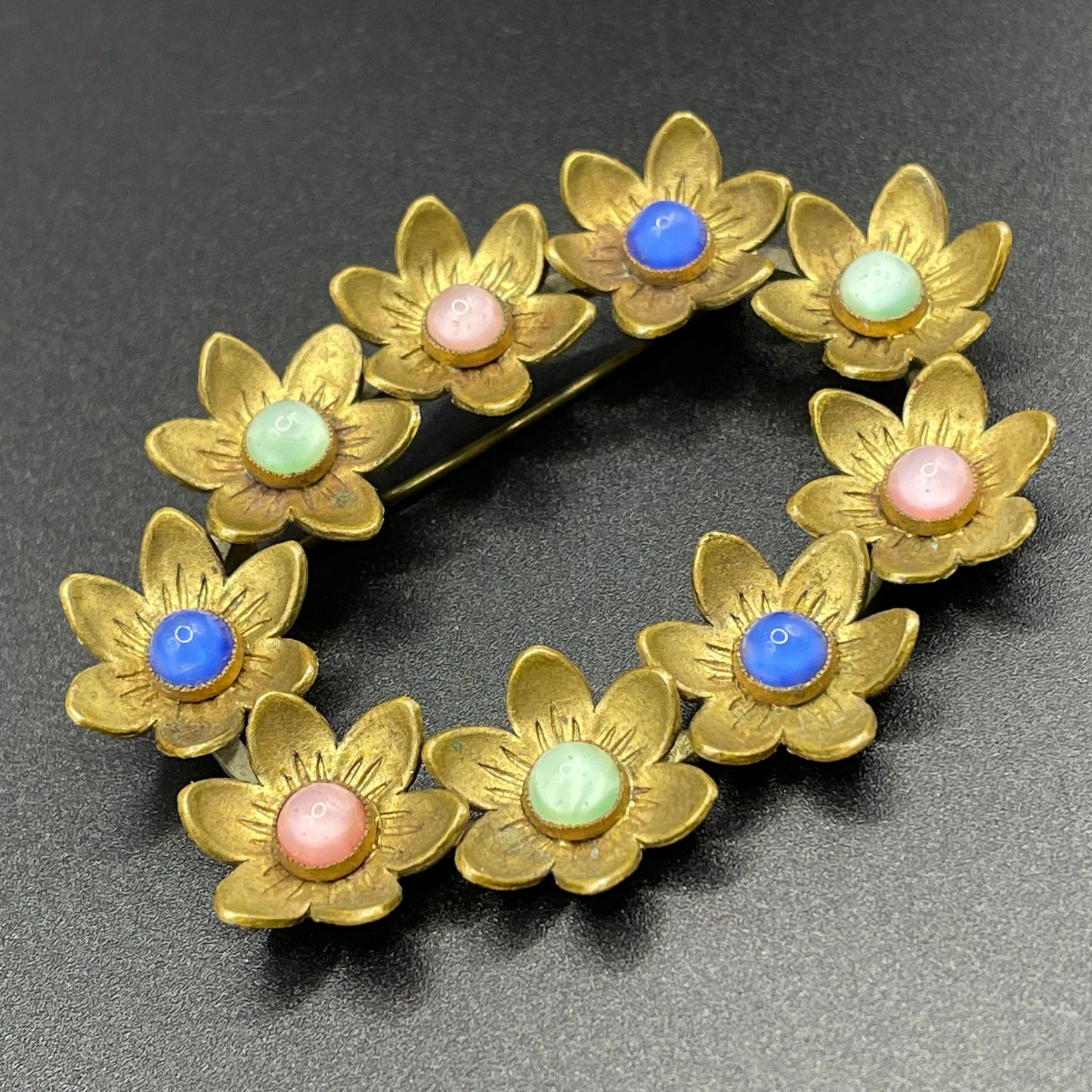 Vintage Neiger Brothers (Max and Norbert) large flower brooch - pastel coloured satin glass cabochons & gold tone, a ring of flowers