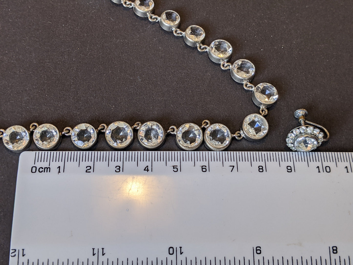 Vintage Art Deco clear paste silver tone riviere necklace with crystal screw back earrings, collet set open backed, classic demi-parure