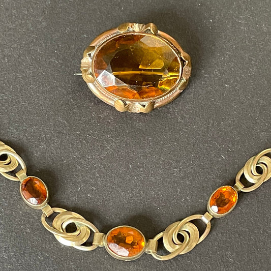 Antique / vintage Victorian gold filled large topaz orange/brown glass stone necklace and matching brooch set