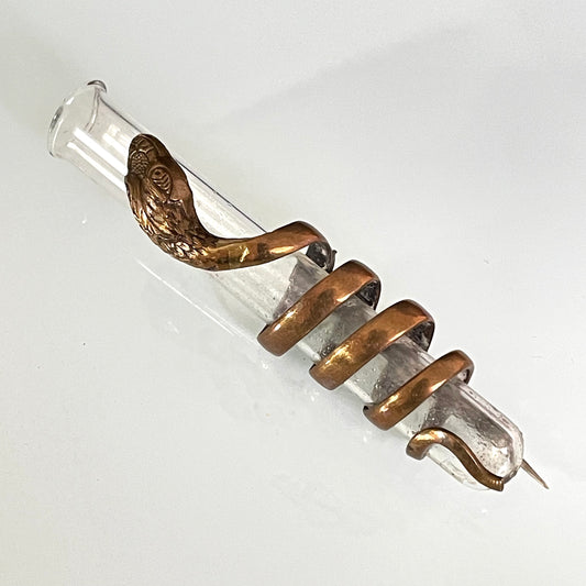 Antique Victorian coiled snake and glass test tube posy holder bouquet brooch / pin, large size